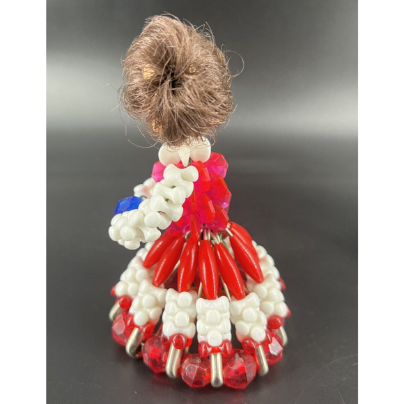 Vintage Tramp Art Doll Head Beaded Safety Pin Girls Blue Red Dress Display - Picture 4 of 16